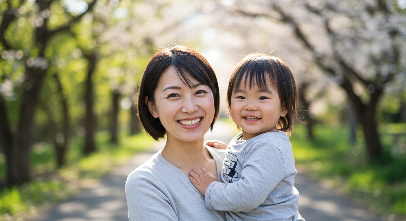春の暖かな日差しの中子供を抱っこして笑っている女性