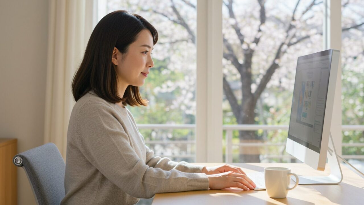 パソコンに向かってライティングをする女性