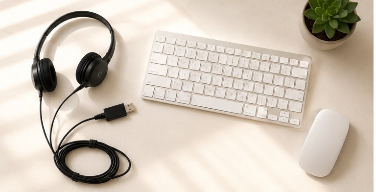 在宅ワークにおすすめのイヤホンマイクと外付けキーボードのフラットレイ