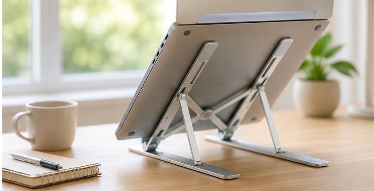 在宅ワークデスクに設置したアルミ製PCスタンドの使用例